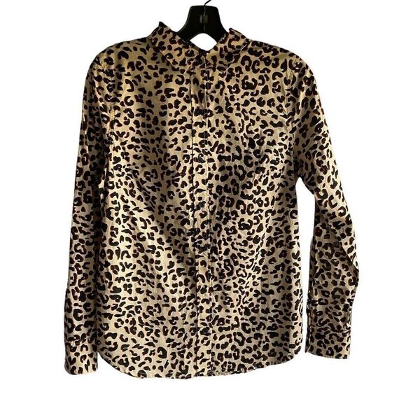 1901 Blouse Button Down Collar Leopard Print Tan Black Brown Long Sleeve XS - Picture 12 of 13